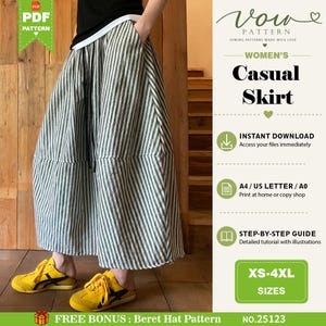 May include: A midi-length skirt featuring a vertical dark green and white striped pattern with a drawstring waist. The skirt has a loose, flowing silhouette and is presented as a PDF sewing pattern with text including Casual Skirt, Instant Download, and XS-4XL Sizes.