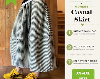 Womens Casual Skirt PDF Sewing Pattern: Tiered, Gathered, Easy (Digital Download)