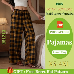 Op de afbeelding: Geel en zwart geruite pyjamabroek. De broek heeft wijde pijpen en een trekkoord in de taille. De afbeelding bevat ook de tekst "Pajamas" en de maten "XS-4XL".