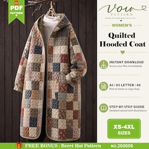 Women's Quilted Hooded Coat PDF Sewing Pattern | Patchwork Jacket | Oversized Long Coat | Instant Download | Sizes XS-4XL