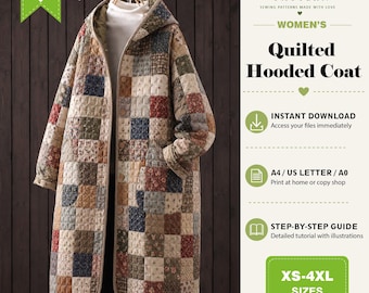 Women's Quilted Hooded Coat PDF Sewing Pattern | Patchwork Jacket | Oversized Long Coat | Instant Download | Sizes XS-4XL