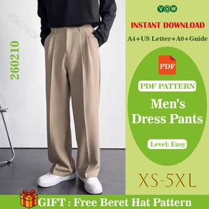 Può includere: Pantaloni da abito color beige con pieghe, indossati con scarpe da ginnastica bianche. L'immagine include il testo "Men's Dress Pants" e "XS-5XL". L'immagine include anche il testo "Instant Download" e "PDF Pattern".