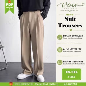 May include: Beige trousers with a high waist, front pleats, and a wide-leg silhouette. The image includes text: Vow Pattern, Suit Trousers, Instant Download, A4/US Letter/A0, Step-by-Step Guide, XS-5XL Sizes, Free Bonus: Beret Hat Pattern, No. 260210.