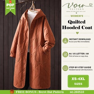 Pode incluir: Um casaco comprido acolchoado com capuz na cor ferrugem, com fecho frontal de botões e dois bolsos grandes aplicados. O texto à direita diz Vow Pattern, Quilted Hooded Coat, Instant Download, A4 / US Letter / A0, Step-by-Step Guide, XS-4XL e No. 260510.