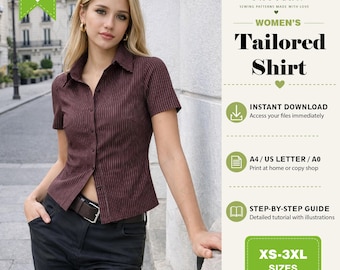 Women's Short Sleeve Shirt PDF Sewing Pattern, Classic Button Up Blouse, Summer Shirt Pattern, Instant Download, Digital Sewing Pattern