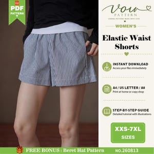 Op de afbeelding: Een naaipatroon voor een short met elastische tailleband in een wit en marineblauw verticaal krijtstreepontwerp. Het digitale document bevat tekst voor directe download, A4, US Letter, A0-formaten, stap-voor-stap gidsen en maten XXS-7XL.