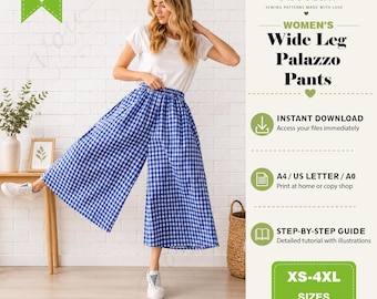 Wide Leg Capri Pants PDF Sewing Pattern | Loose Fit 3/4 Cropped Pants for Women | Beginner Friendly Digital Download