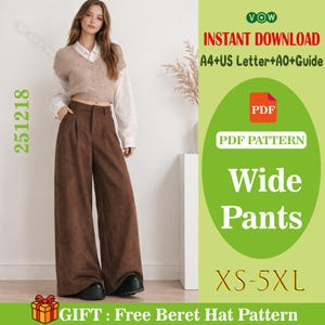 May include: A woman in a white shirt, a beige sweater vest, and brown wide-leg trousers. The image includes text that says "Wide Pants" and "XS-5XL". The image also says "Instant Download" and "PDF Pattern".