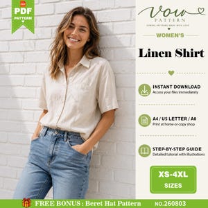 Puede incluir: Un patrón de costura digital para una camisa de lino de manga corta, con cierre de botones, cuello y bolsillo en el pecho. El patrón incluye tallas de la XS a la 4XL, con archivos para impresión en formatos A4, US Letter y A0.