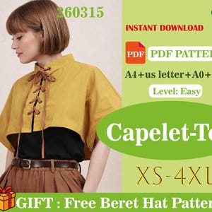 Könnte beinhalten: Ein senfgelbes Capelet-Top mit brauner Schnürung und einer schwarzen Unterschicht. Das Bild enthält den Text "Capelet-Top XS-4XL" und "Sofort-Download PDF Pattern". Das Muster ist als "Easy" gekennzeichnet.