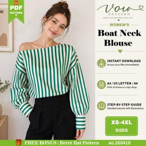 Op de afbeelding: Een blouse met boothals, verticale groene en witte strepen, lange mouwen met manchetten en een losse pasvorm. De afbeelding bevat de tekst: Vow Pattern, Boat Neck Blouse, Instant Download, A4/US Letter/A0, Step-by-Step Guide, XS-4XL, Free Bonus.