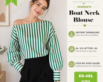 Asymmetrical Boat Neck Blouse Sewing Pattern, Drop Shoulder Loose Fit Top PDF, Long Sleeve Women Shirt Pattern