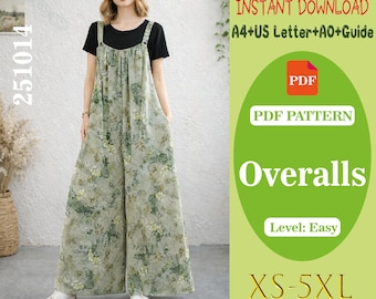 Patrón de costura en PDF para mono de pierna ancha, mono de mujer XS-5XL (A0 A4 Carta EE. UU.)
