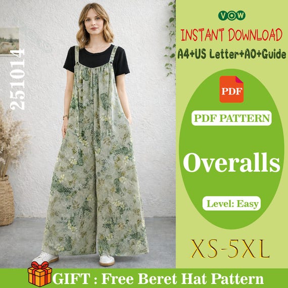 Wide Leg Overalls PDF Sewing Pattern, Women’s Jumpsuit XS-5XL (A0 A4 US Letter)