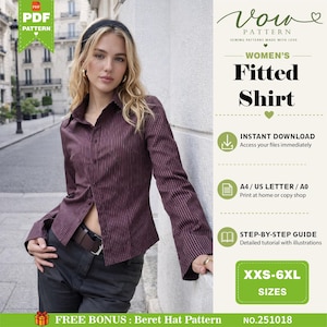 Puede incluir: Un patrón de costura digital para una camisa entallada de manga larga con cierre de botones. El patrón incluye texto para descarga instantánea, formatos A4, US Letter y A0, una guía paso a paso y tallas desde la XXS hasta la 6XL, más un patrón de boina.