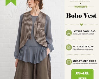 Boho Cropped Vest Sewing Pattern, Women’s V-Neck Button Front Waistcoat PDF Pattern, Asymmetrical Hem Vest