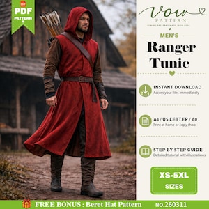 Patrón de costura para túnica de guardabosques para hombre, camisa vikinga medieval (patrón en PDF)