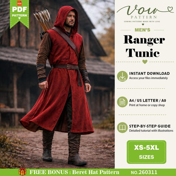 Men's Ranger Tunic Sewing Pattern, Medieval Viking Shirt (PDF Pattern)
