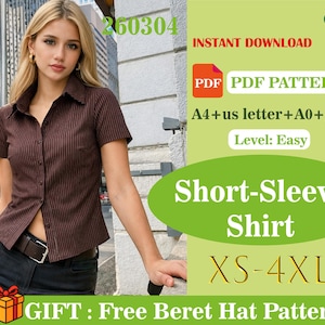 May include: A brown short-sleeve shirt with vertical stripes, worn with black pants and a brown belt. The image also includes text that says "Short-Sleeve Shirt" and "XS-4XL". The image also says "INSTANT DOWNLOAD" and "PDF PDF PATTERN".