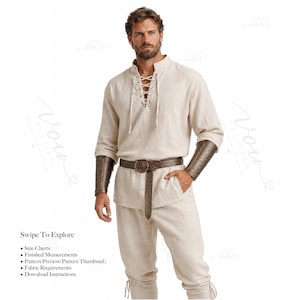 May include: A beige long-sleeved tunic with a lace-up front closure, paired with matching trousers, a dark brown embossed leather belt with a circular buckle, and matching brown leather forearm bracers. Text reads: Swipe To Explore.