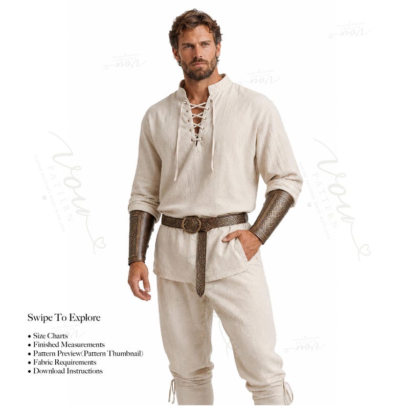 May include: A beige long-sleeved tunic with a lace-up front closure, paired with matching trousers, a dark brown embossed leather belt with a circular buckle, and matching brown leather forearm bracers. Text reads: Swipe To Explore.