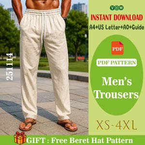 Pode incluir: Calças de linho bege com cintura com cordão. A imagem inclui o texto "Men's Trousers" e "XS-4XL". A imagem também inclui o texto "INSTANT DOWNLOAD A4+US Letter+AO+Guide" e "GIFT: Free Beret Hat Pattern".