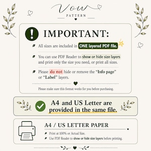 May include: An informational graphic for Vow Pattern with a beige background and dark green text. It states that all sizes are in one layered PDF file, allowing users to show or hide layers. It confirms A4 and US Letter paper sizes are included.
