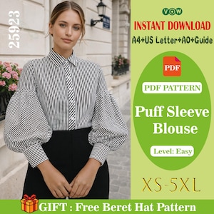 Patrón de costura en PDF para blusa con mangas abullonadas / Patrón de camisa para mujer / Descarga instantánea