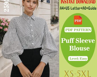 Patrón de costura en PDF para blusa con mangas abullonadas / Patrón de camisa para mujer / Descarga instantánea