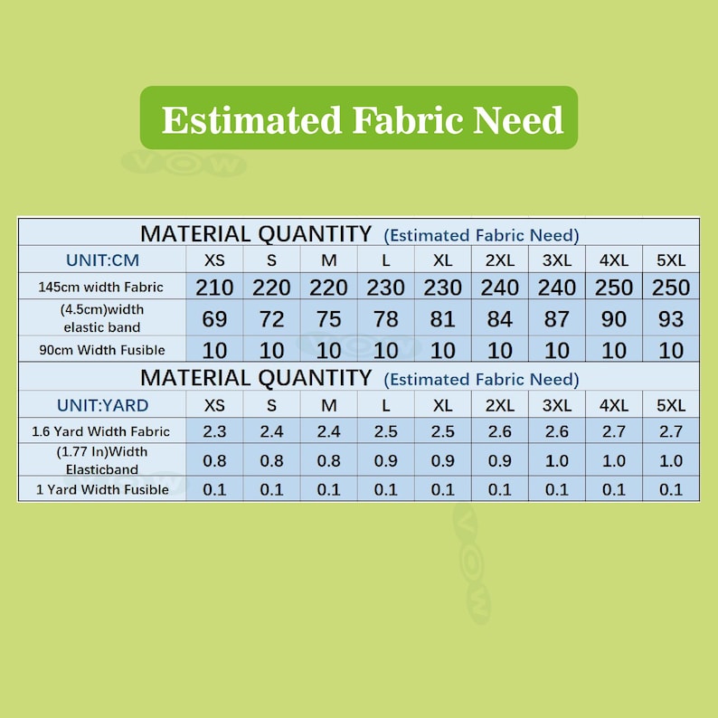 May include: A chart titled "Estimated Fabric Need" with material quantity estimates in both centimeters and yards. The chart provides fabric requirements for various sizes, including XS to 5XL, for different fabric widths and elastic bands.