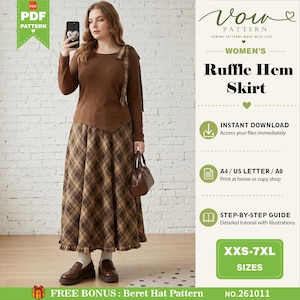 May include: A long-sleeved brown top with a shoulder tie and a brown and tan plaid skirt with a ruffle hem. The text reads Vow Pattern, Ruffle Hem Skirt, Instant Download, A4/US Letter/A0, Step-by-step guide, XXS-7XL Sizes, No. 261011.