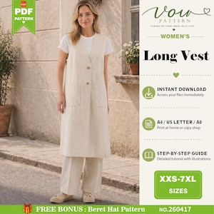 May include: A digital sewing pattern for a long, sleeveless, cream-colored vest with a V-neckline, two front buttons, and two patch pockets. The image includes text: Vow Pattern, Long Vest, Instant Download, A4/US Letter/A0, and XXS-7XL sizes.