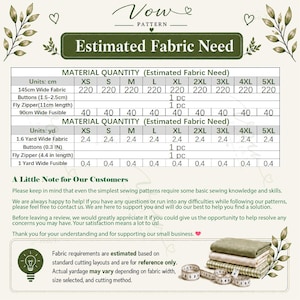 May include: A Vow Pattern informational chart detailing estimated fabric needs for sizes XS to 5XL. The document includes tables with metric and imperial measurements for fabric, buttons, zippers, and fusible material, plus customer support notes.