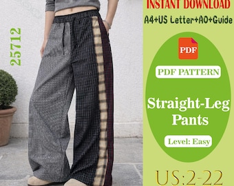 Patrón de costura en PDF para pantalones de pierna recta, pantalones patchwork, pantalones casuales con cintura elástica.