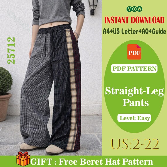 Straight Leg Pants Sewing Pattern PDF, Patchwork Trousers, Elastic 