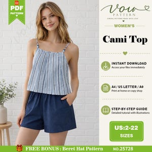 Women Camisole top, Sewing Pattern PDF, Summer Tank Top, Digital Download, DIY Spaghetti Strap Blouse  Printable Sewing Pattern for Beginner