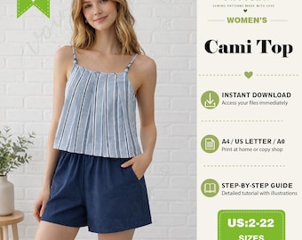 Women Camisole top, Sewing Pattern PDF, Summer Tank Top, Digital Download, DIY Spaghetti Strap Blouse  Printable Sewing Pattern for Beginner