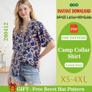 Puede incluir: Una camisa de cuello camp con estampado floral azul y oscuro sobre fondo claro, combinada con pantalones cortos de mezclilla azul claro. La imagen incluye texto para descarga de patrón PDF, tallas XS-4XL y regalo de patrón de boina.