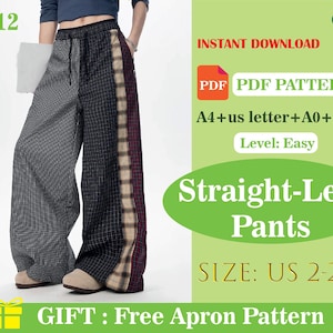 Patrón de costura en PDF: Pantalón ancho a cuadros para mujer, holgado, con cintura elástica y cordón ajustable, con rayas laterales en contraste, estilo retro.