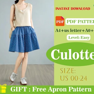 Patrón de costura de culottes en PDF / Pantalones anchos de tiro medio para mujer / Patrón de costura DIY / Pantalones holgados y cómodos / Costura de moda de verano