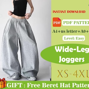 Puede incluir: Una persona con un pantalón deportivo gris de pierna ancha. La imagen incluye un fondo verde con el texto "Wide-Leg Joggers" y "XS-4XL". El texto "PDF PDF PATTERN" también es visible. La imagen también incluye el texto "GIFT: Free Beret Hat Pattern".
