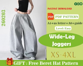 Patrón de costura en PDF para pantalones deportivos, pantalones deportivos con cintura elástica, plantilla imprimible para coser en casa, costura fácil, descarga instantánea.