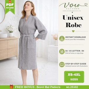 May include: A grey waffle-knit robe with long sleeves, a tie waist, and two front pockets. The image includes text: Vow Pattern, Unisex Robe, Instant Download, A4 / US Letter / A0, Step-by-Step Guide, XS-4XL Sizes, and Free Bonus: Beret Hat Pattern.
