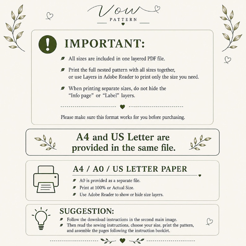 Puede incluir: Una hoja de instrucciones para un patr&oacute;n de costura titulada Vow Pattern. Contiene informaci&oacute;n importante sobre archivos PDF en capas, instrucciones de impresi&oacute;n para tama&ntilde;os A4, A0 y US Letter, y sugerencias para descargar, imprimir y ensamblar.