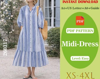 Patrón de costura para vestido midi de mujer, vestido casual de corte holgado en PDF, ideal para principiantes, para uso diario.