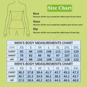 May include: A light green size chart featuring a line drawing of a torso with bust, waist, and hip indicators. It includes two tables titled MEN'S BODY MEASUREMENTS CHART, providing sizing data in centimeters and inches for sizes XS to 3XL.