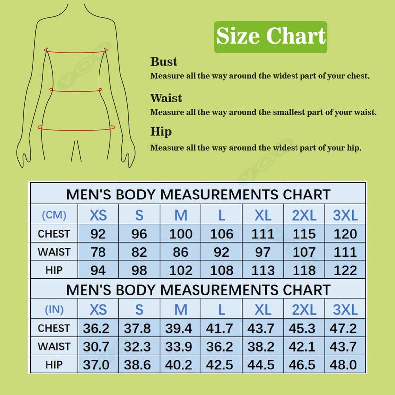 May include: A light green size chart featuring a line drawing of a torso with bust, waist, and hip indicators. It includes two tables titled MEN'S BODY MEASUREMENTS CHART, providing sizing data in centimeters and inches for sizes XS to 3XL.