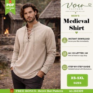 May include: A beige long-sleeve shirt with a lace-up front closure. The image includes text: Vow Pattern, Medieval Shirt, Instant Download, A4/US Letter/A0, Step-by-Step Guide, XS-5XL Sizes, Free Bonus: Beret Hat Pattern, and No. 260309.