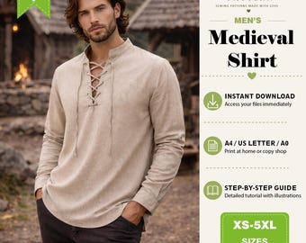 Men’s Medieval Shirt Sewing Pattern PDF, Renaissance Pirate Shirt, Viking Tunic, LARP Costume, Loose Fit Historical Shirt,A4 A0 US Letter