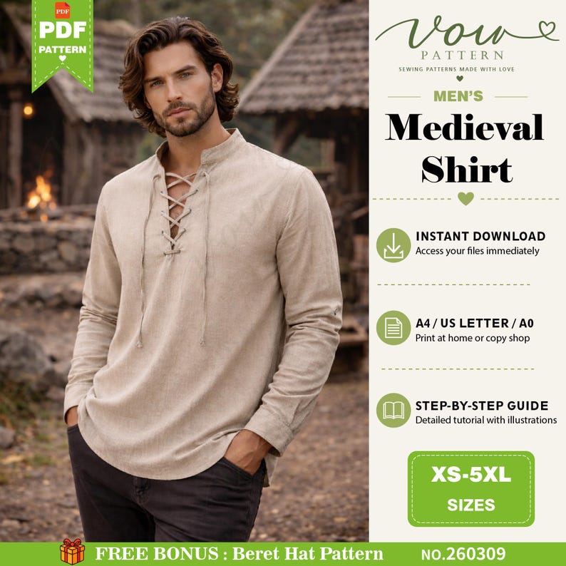 May include: A beige long-sleeved shirt with a lace-up front closure. The text on the image reads Vow Pattern, Medieval Shirt, Instant Download, A4 / US Letter / A0, Step-by-Step Guide, XS-5XL Sizes, Free Bonus: Beret Hat Pattern, No. 260309.